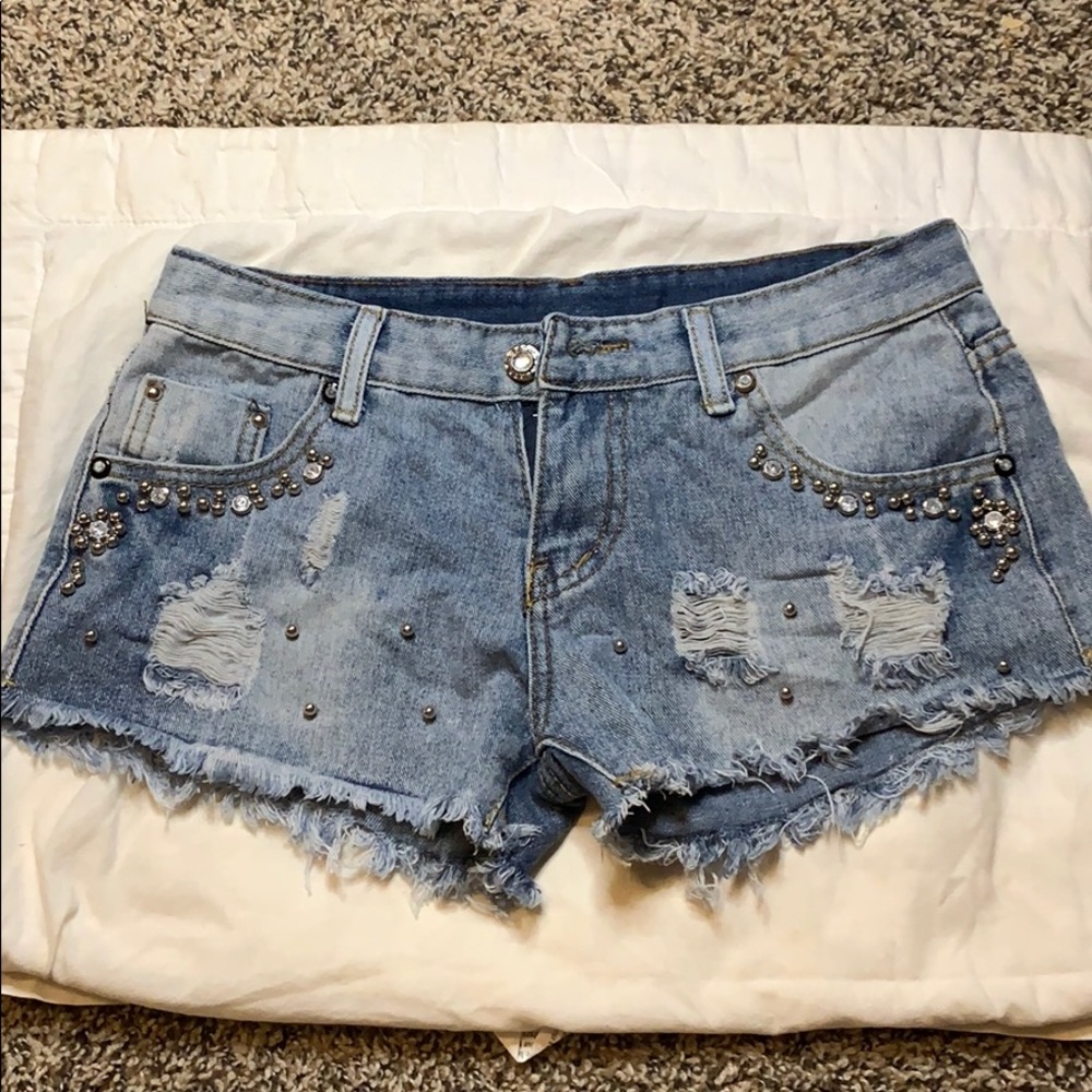 Bedazzled distressed jean shorts